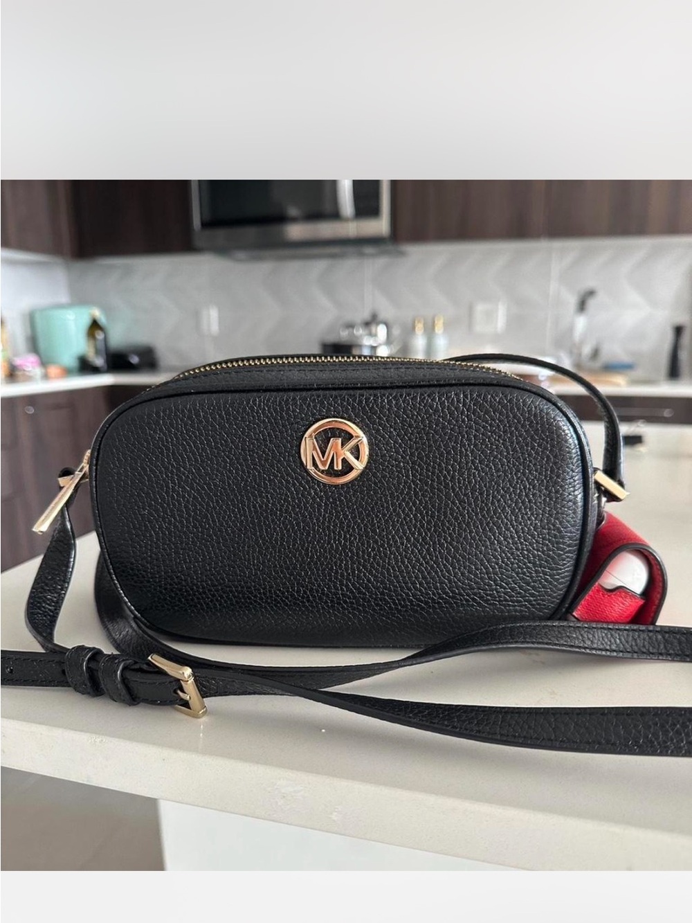 Michael Kors Black Pebbled Leather Crossbody with Gold MK Logo